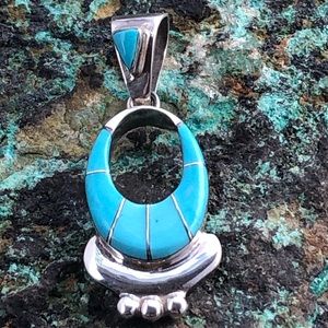 Zuni Inlaid Oval Turquoise Silver Pendant